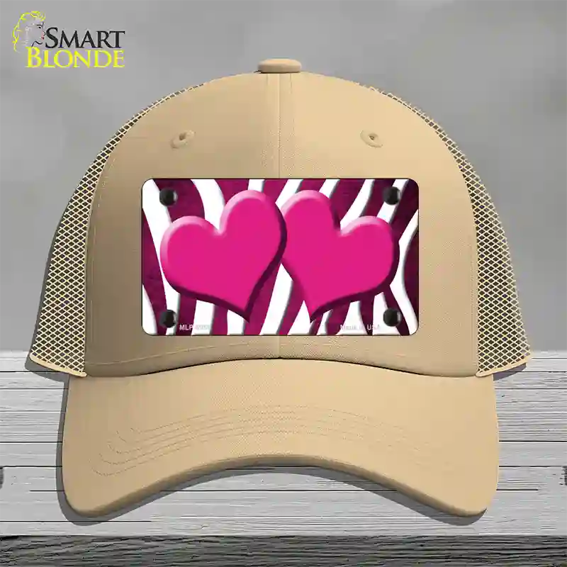 Pink White Zebra Hearts Oil Rubbed Novelty License Plate Hat Mesh / Khaki