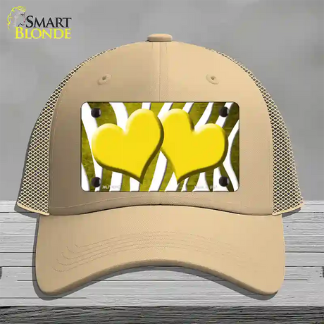 Yellow White Zebra Hearts Oil Rubbed Novelty License Plate Hat Mesh / Khaki