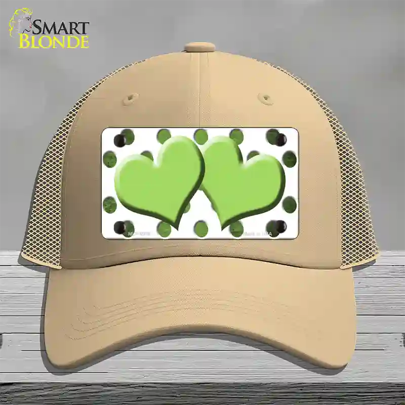 Lime Green White Dots Hearts Oil Rubbed Novelty License Plate Hat Mesh / Khaki