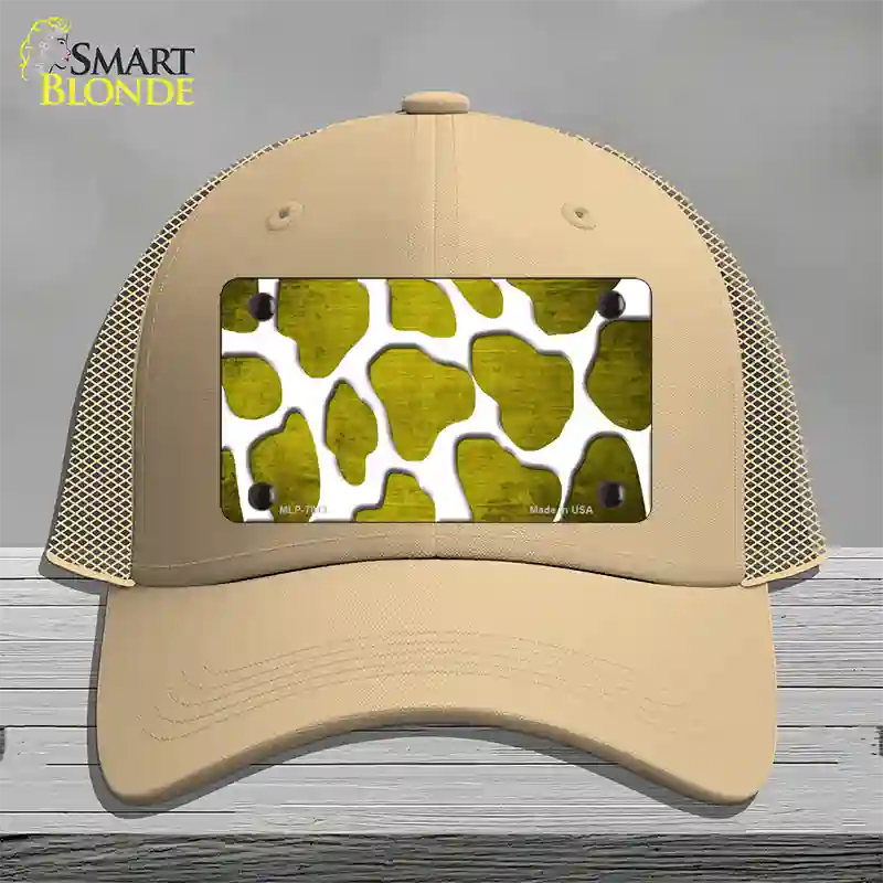 Yellow White Giraffe Oil Rubbed Novelty License Plate Hat Mesh / Khaki