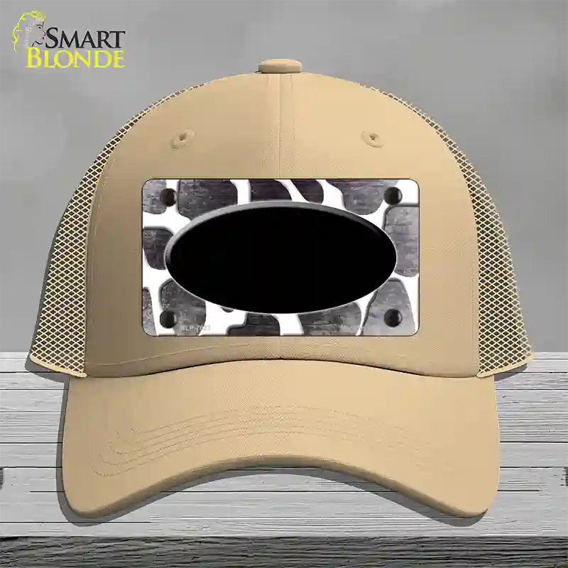 Black White Oval Giraffe Oil Rubbed Novelty License Plate Hat Mesh / Khaki