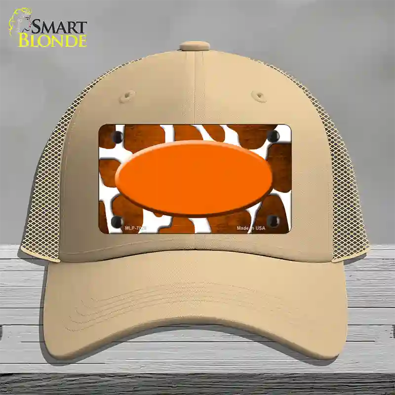 Orange White Oval Giraffe Oil Rubbed Novelty License Plate Hat Mesh / Khaki