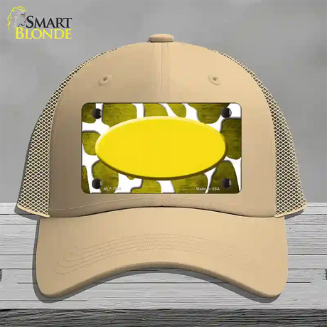 Yellow White Oval Giraffe Oil Rubbed Novelty License Plate Hat Mesh / Khaki