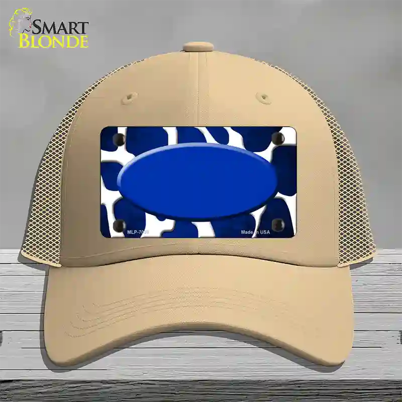 Blue White Oval Giraffe Oil Rubbed Novelty License Plate Hat Mesh / Khaki