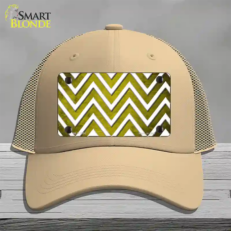 Yellow White Chevron Oil Rubbed Novelty License Plate Hat Mesh / Khaki