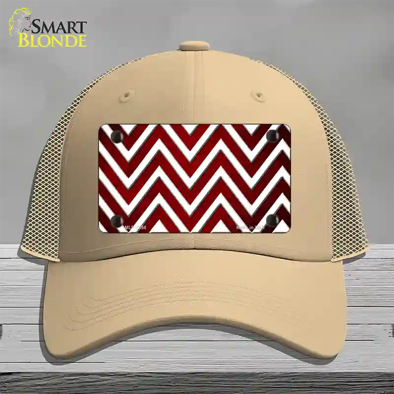 Red White Chevron Oil Rubbed Novelty License Plate Hat Mesh / Khaki