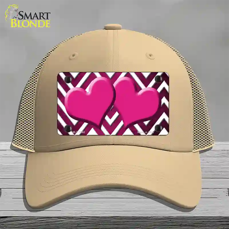 Pink White Hearts Chevron Oil Rubbed Novelty License Plate Hat Mesh / Khaki