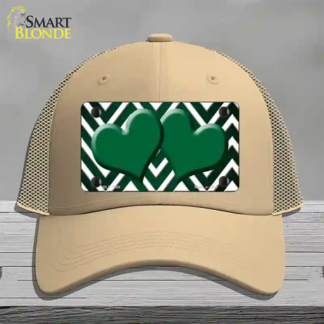 Green White Hearts Chevron Oil Rubbed Novelty License Plate Hat Mesh / Khaki