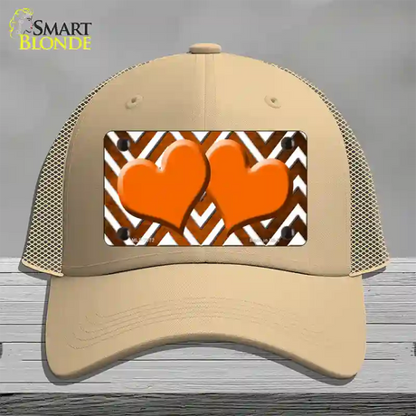 Orange White Hearts Chevron Oil Rubbed Novelty License Plate Hat Mesh / Khaki