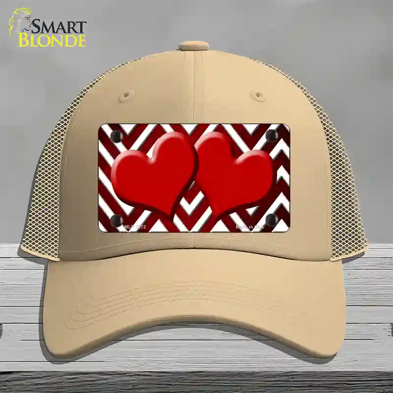 Red White Hearts Chevron Oil Rubbed Novelty License Plate Hat Mesh / Khaki