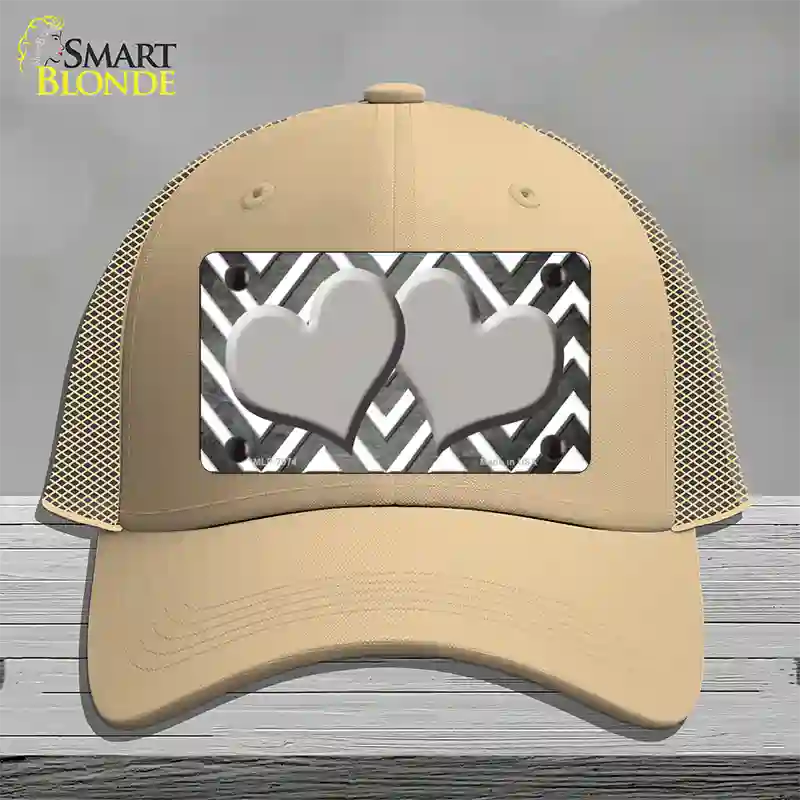 Gray White Hearts Chevron Oil Rubbed Novelty License Plate Hat Mesh / Khaki