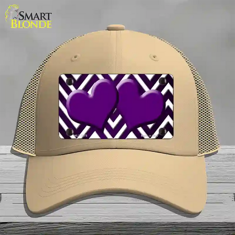 Purple White Hearts Chevron Oil Rubbed Novelty License Plate Hat Mesh / Khaki