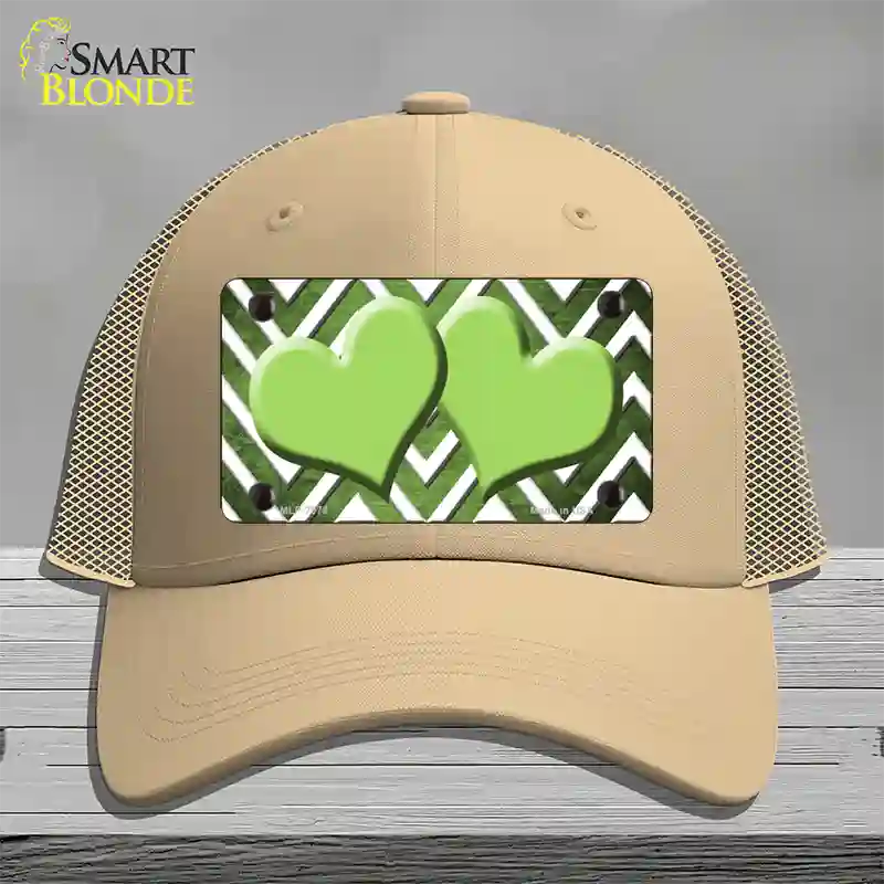 Lime Green White Hearts Chevron Oil Rubbed Novelty License Plate Hat Mesh / Khaki