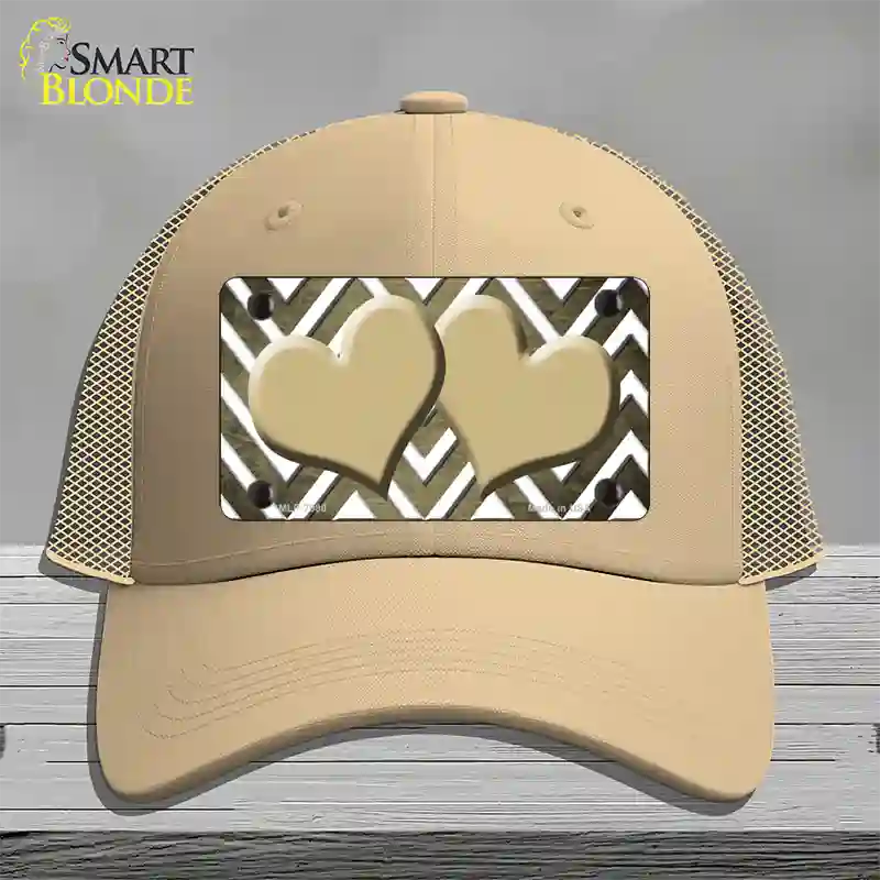 Gold White Hearts Chevron Oil Rubbed Novelty License Plate Hat Mesh / Khaki