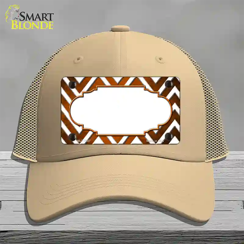 Orange White Chevron Scallop Oil Rubbed Novelty License Plate Hat Mesh / Khaki