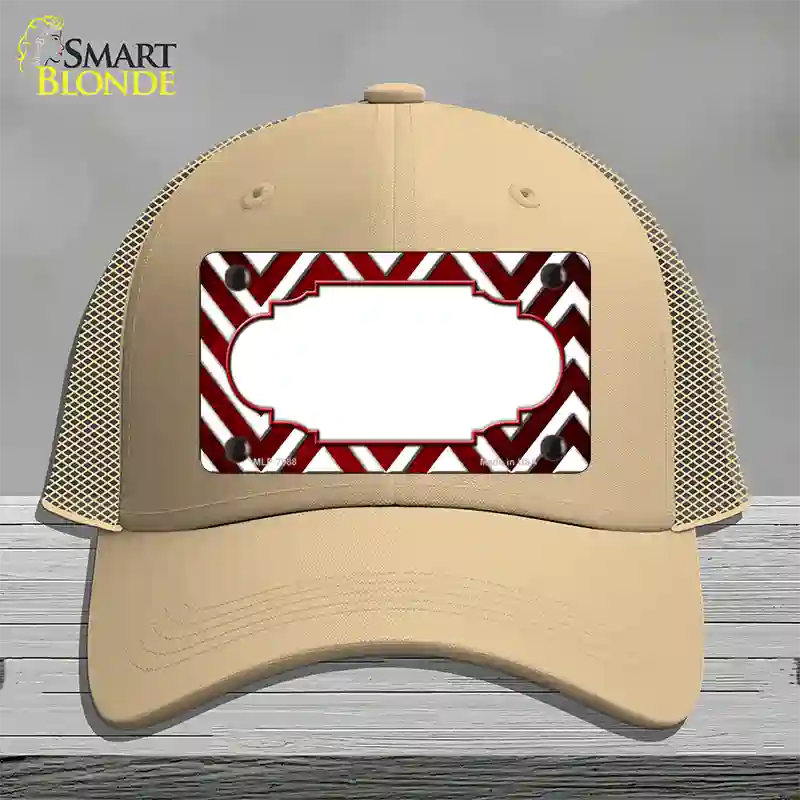 Red White Chevron Scallop Oil Rubbed Novelty License Plate Hat Mesh / Khaki