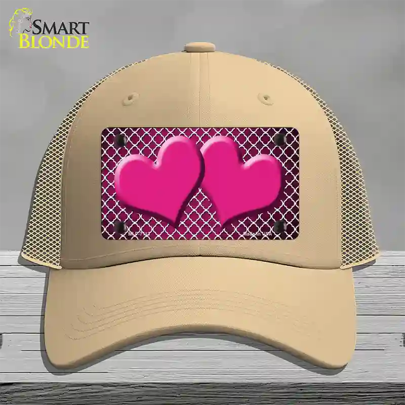 Pink White Quatrefoil Hearts Oil Rubbed Novelty License Plate Hat Mesh / Khaki