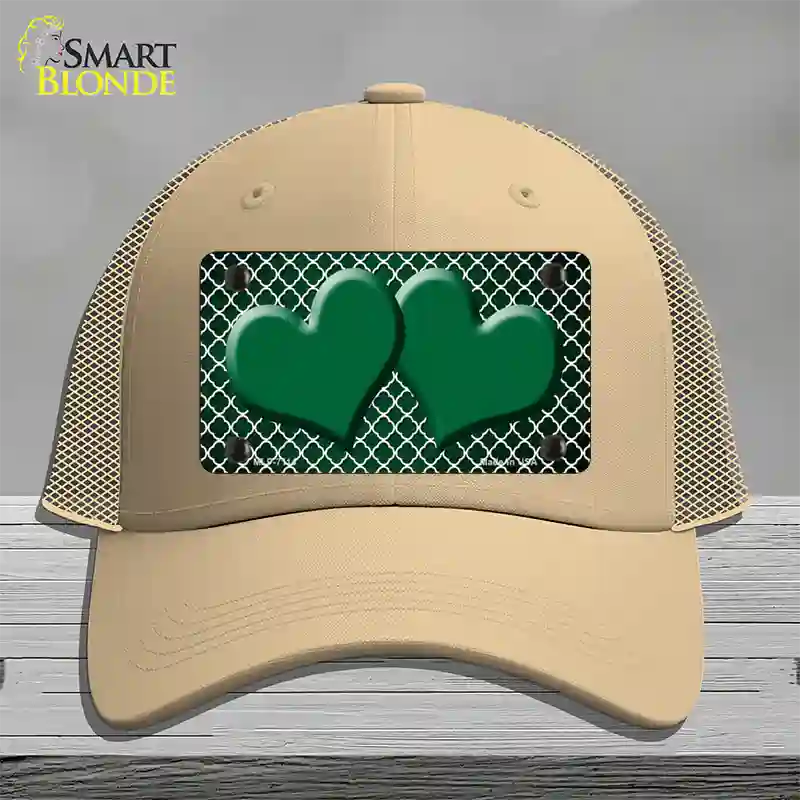 Green White Quatrefoil Hearts Oil Rubbed Novelty License Plate Hat Mesh / Khaki