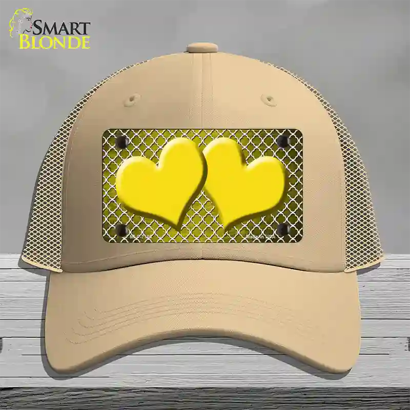 Yellow White Quatrefoil Hearts Oil Rubbed Novelty License Plate Hat Mesh / Khaki