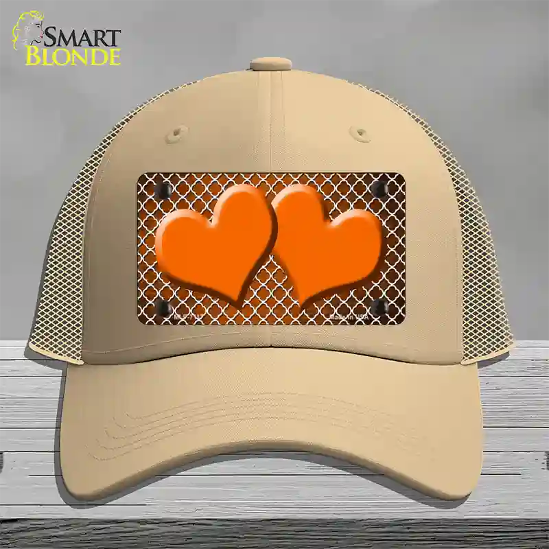 Orange White Quatrefoil Hearts Oil Rubbed Novelty License Plate Hat Mesh / Khaki