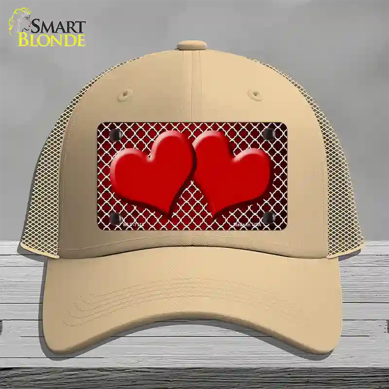 Red White Quatrefoil Hearts Oil Rubbed Novelty License Plate Hat Mesh / Khaki