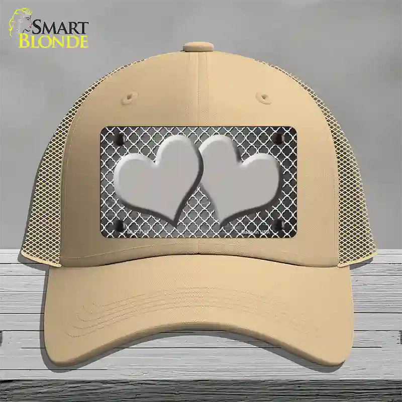 Gray White Quatrefoil Hearts Oil Rubbed Novelty License Plate Hat Mesh / Khaki