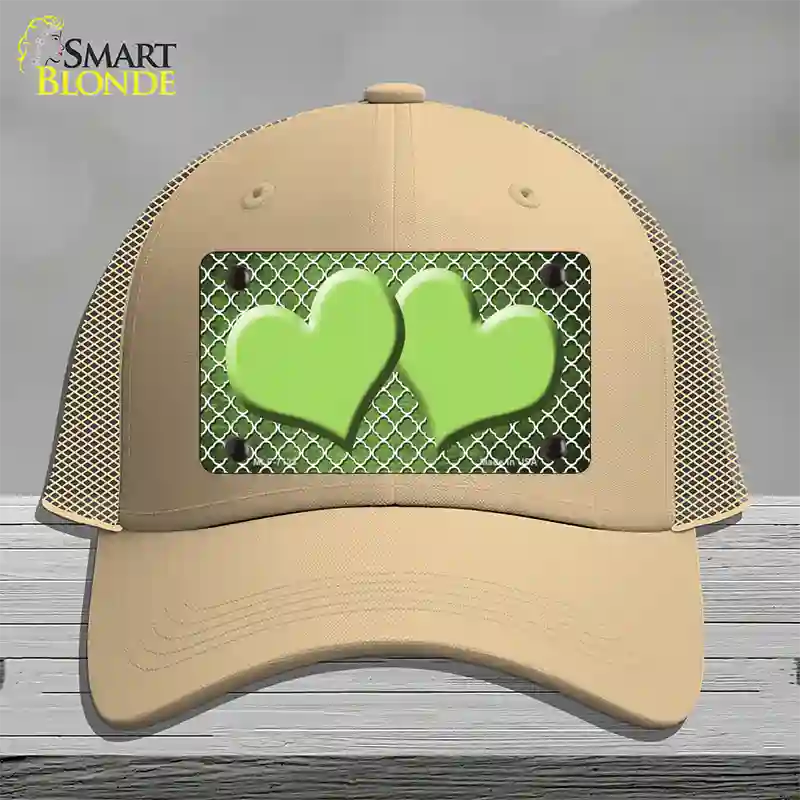 Lime Green White Quatrefoil Hearts Oil Rubbed Novelty License Plate Hat Mesh / Khaki