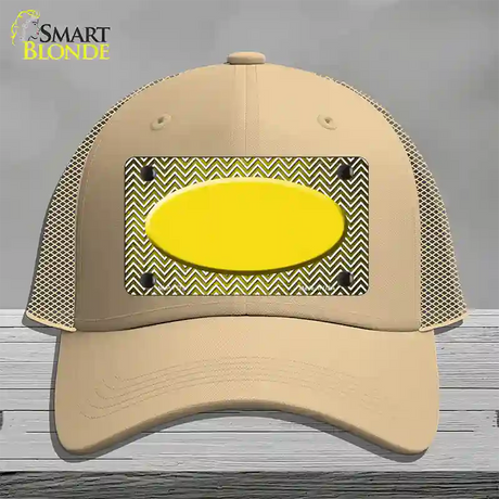 Yellow White Small Chevron Oval Oil Rubbed Novelty License Plate Hat Mesh / Khaki