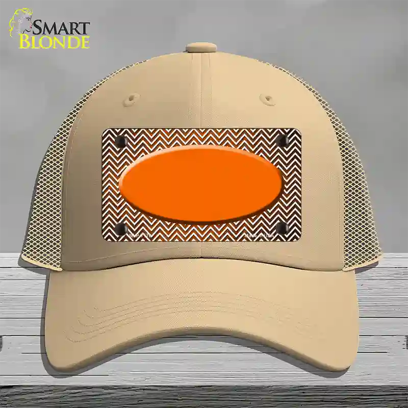 Orange White Small Chevron Oval Oil Rubbed Novelty License Plate Hat Mesh / Khaki