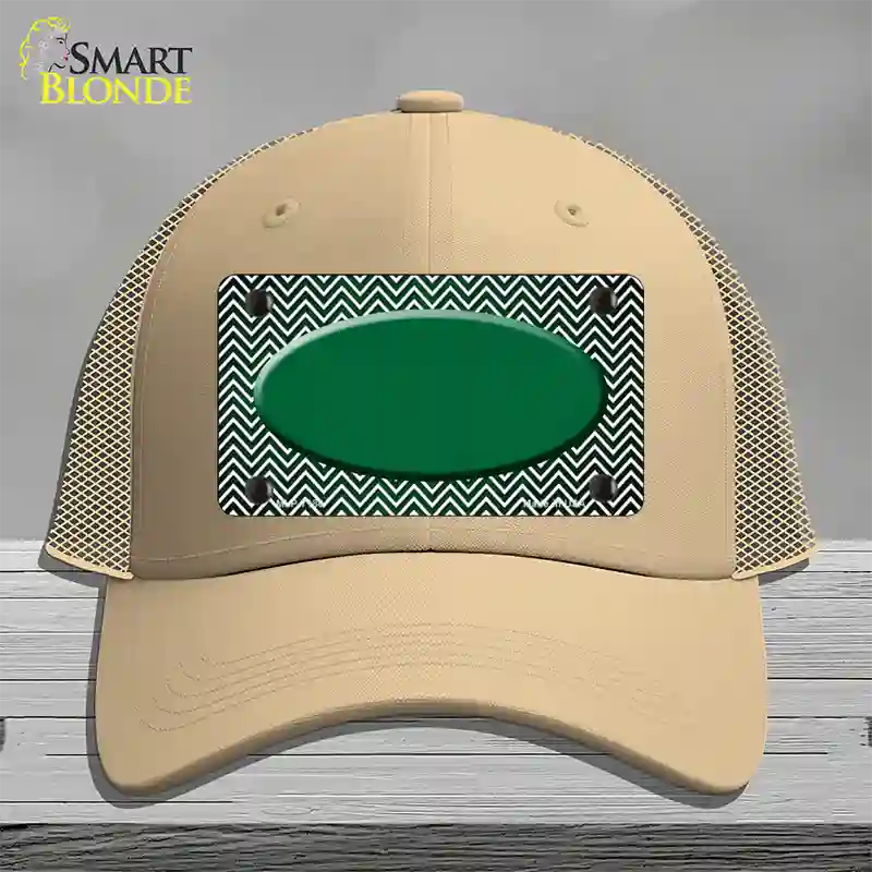 Green White Small Chevron Oval Oil Rubbed Novelty License Plate Hat Mesh / Khaki