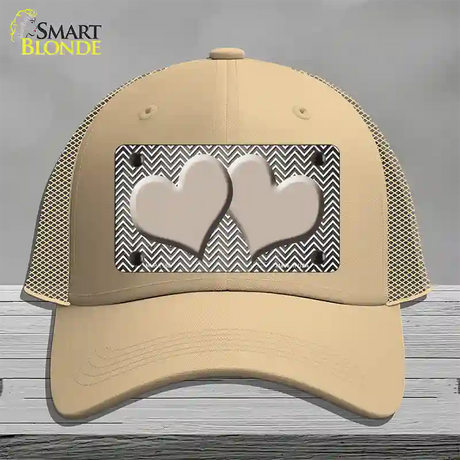 Tan White Small Chevron Hearts Oil Rubbed Novelty License Plate Hat Mesh / Khaki