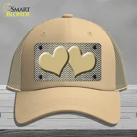 Gold White Small Chevron Hearts Oil Rubbed Novelty License Plate Hat Mesh / Khaki