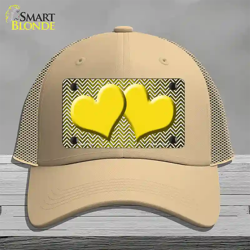 Yellow White Small Chevron Hearts Oil Rubbed Novelty License Plate Hat Mesh / Khaki