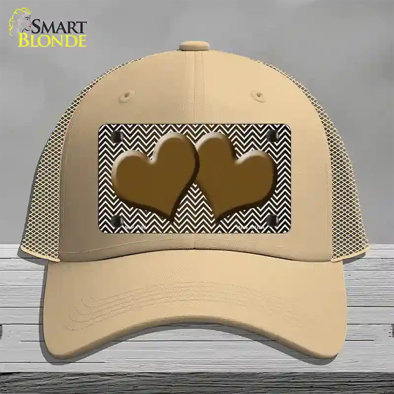 Brown White Small Chevron Hearts Oil Rubbed Novelty License Plate Hat Mesh / Khaki