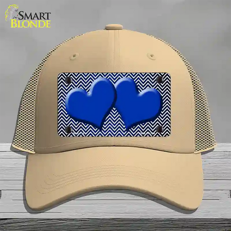 Blue White Small Chevron Hearts Oil Rubbed Novelty License Plate Hat Mesh / Khaki