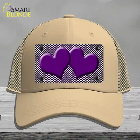 Purple White Small Chevron Hearts Oil Rubbed Novelty License Plate Hat Mesh / Khaki