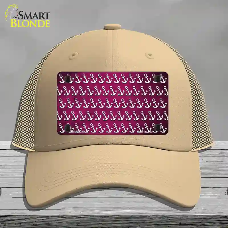 Pink White Anchor Oil Rubbed Novelty License Plate Hat Mesh / Khaki