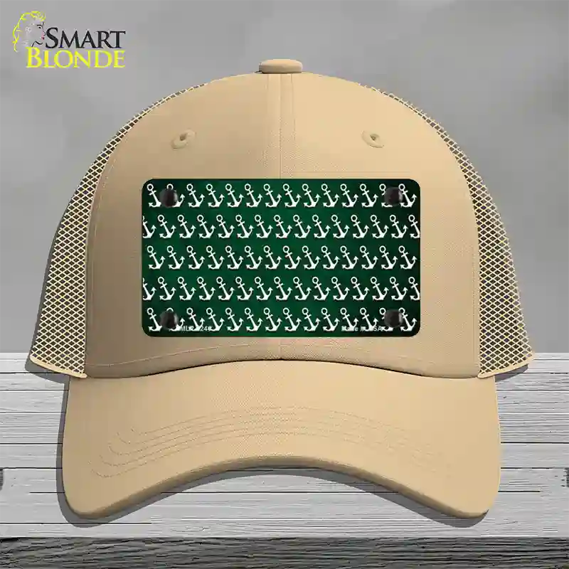 Green White Anchor Oil Rubbed Novelty License Plate Hat Mesh / Khaki