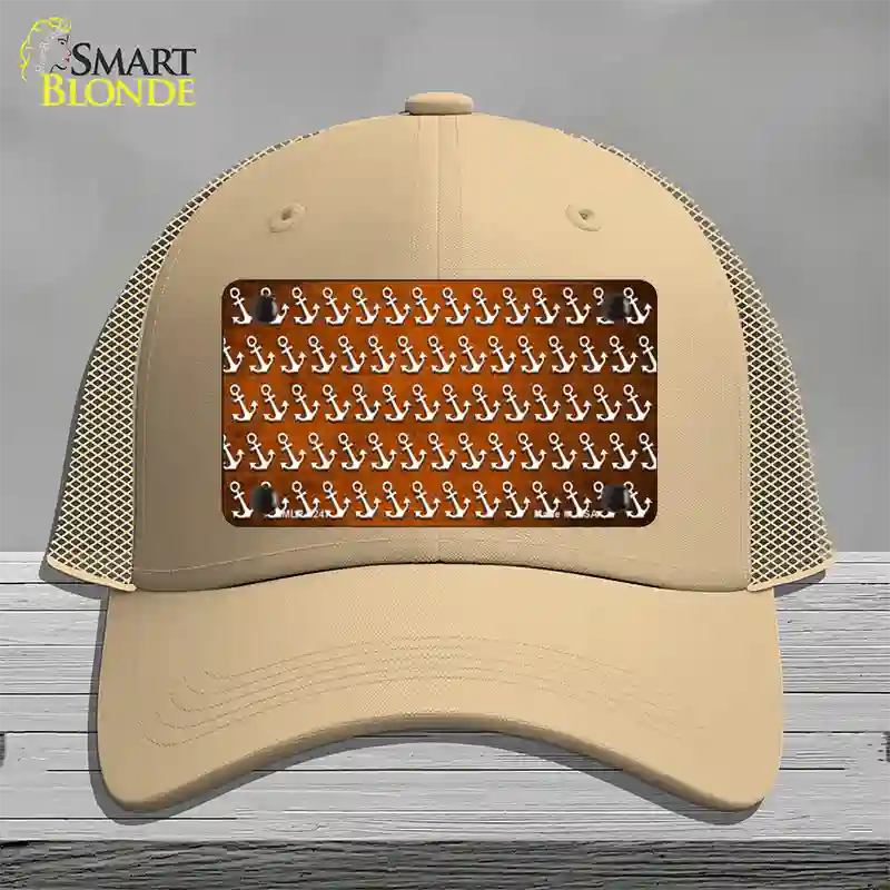 Orange White Anchor Oil Rubbed Novelty License Plate Hat Mesh / Khaki