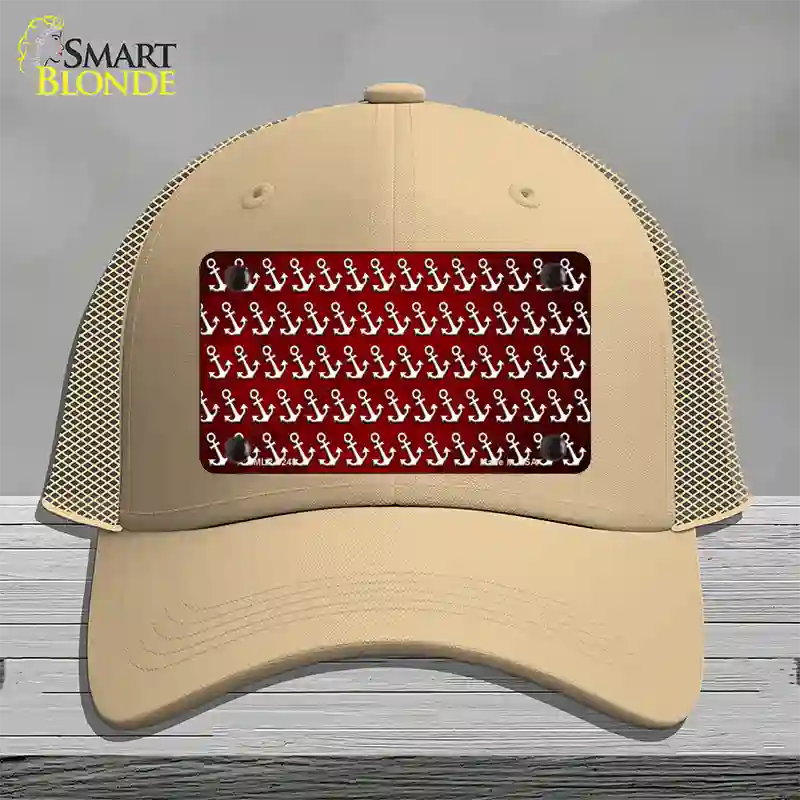 Red White Anchor Oil Rubbed Novelty License Plate Hat Mesh / Khaki