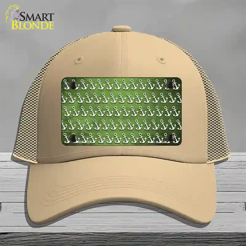 Lime Green White Anchor Oil Rubbed Novelty License Plate Hat Mesh / Khaki