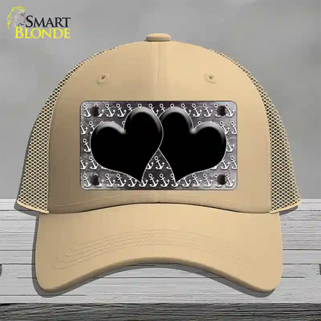 Black White Anchor Hearts Oil Rubbed Novelty License Plate Hat Mesh / Khaki