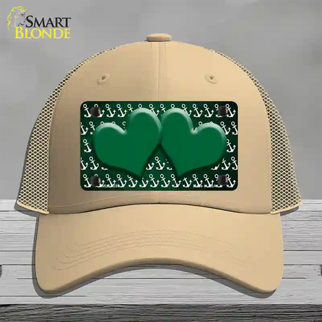 Green White Anchor Hearts Oil Rubbed Novelty License Plate Hat Mesh / Khaki