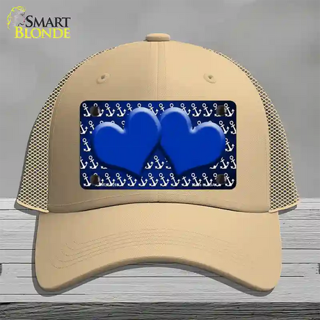 Blue White Anchor Hearts Oil Rubbed Novelty License Plate Hat Mesh / Khaki