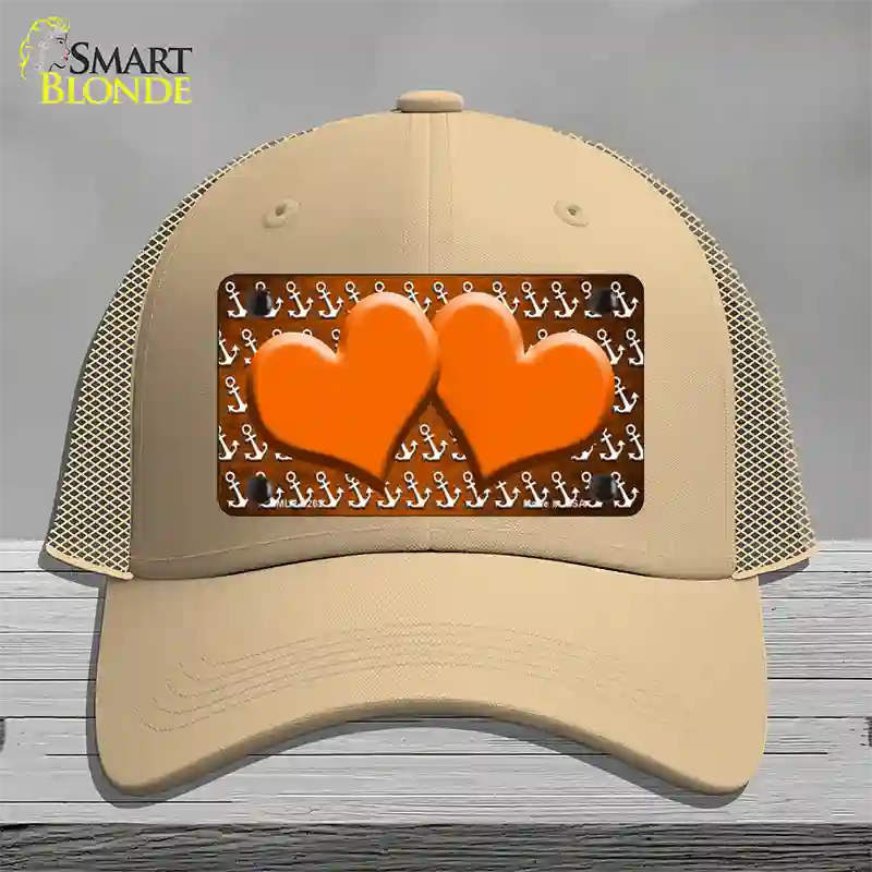 Orange White Anchor Hearts Oil Rubbed Novelty License Plate Hat Mesh / Khaki