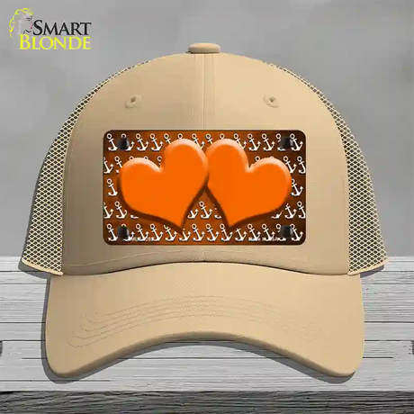 Orange White Anchor Hearts Oil Rubbed Novelty License Plate Hat Mesh / Khaki