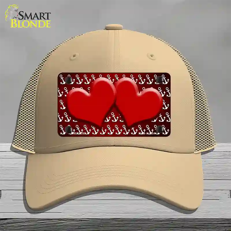 Red White Anchor Hearts Oil Rubbed Novelty License Plate Hat Mesh / Khaki