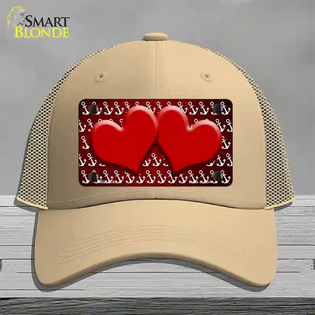 Red White Anchor Hearts Oil Rubbed Novelty License Plate Hat Mesh / Khaki