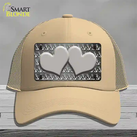 Gray White Anchor Hearts Oil Rubbed Novelty License Plate Hat Mesh / Khaki