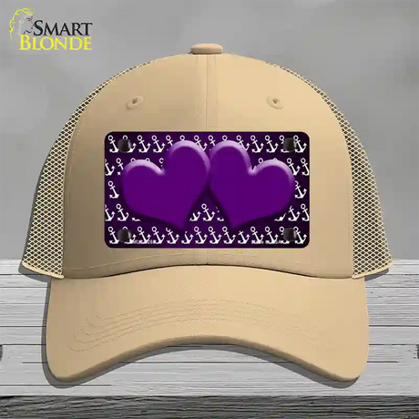 Purple White Anchor Hearts Oil Rubbed Novelty License Plate Hat Mesh / Khaki